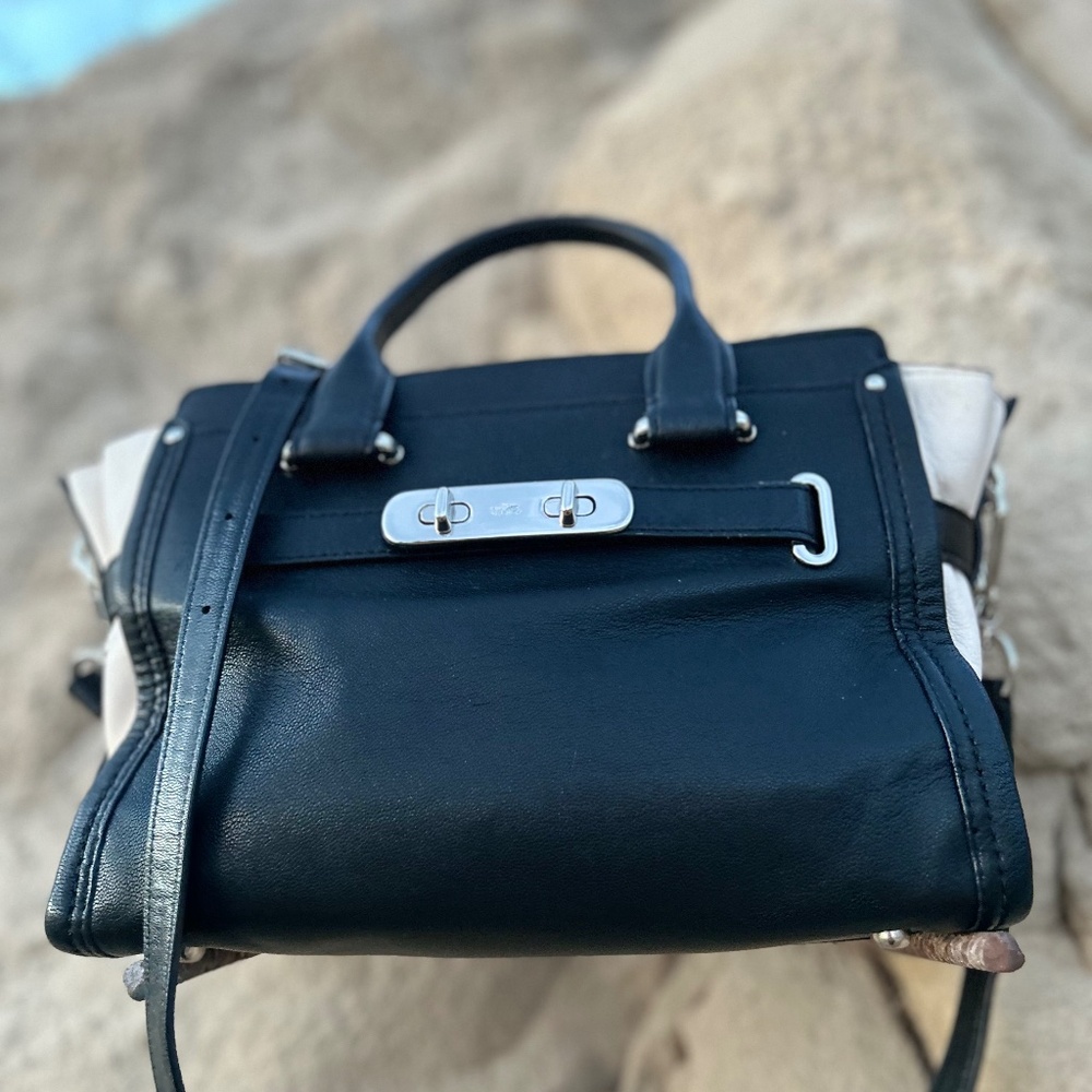 Coach Black and Cream Swagger Satchel with Silver Hardware